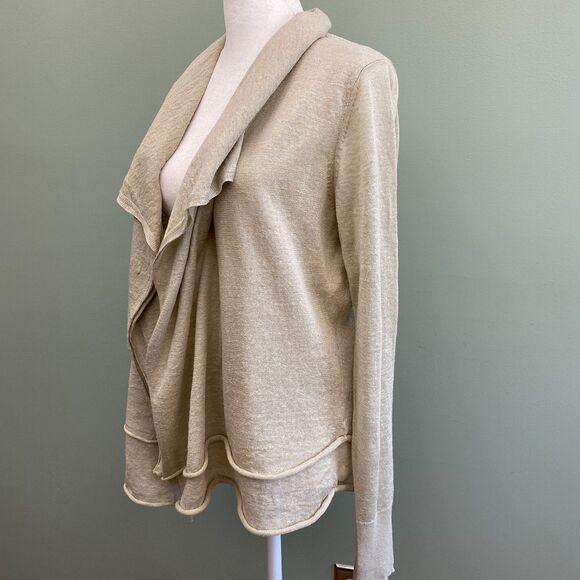 Elie Tahari Linen Silk Open Front Cardigan Tiered Waterfall Tan Womens Medium - Picture 3 of 11